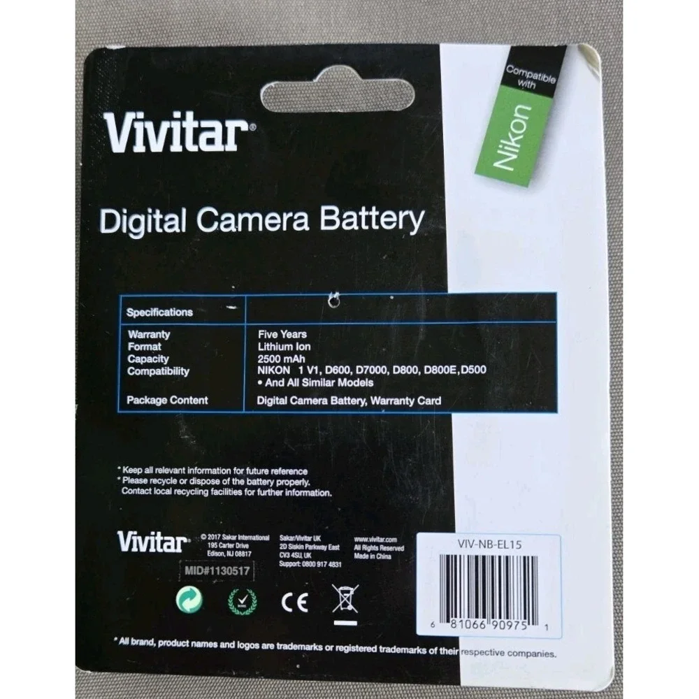 Vivitar EN-EL15 Replacement Battery for Nikon D750 D500 D780 D7000 D7200 Camera